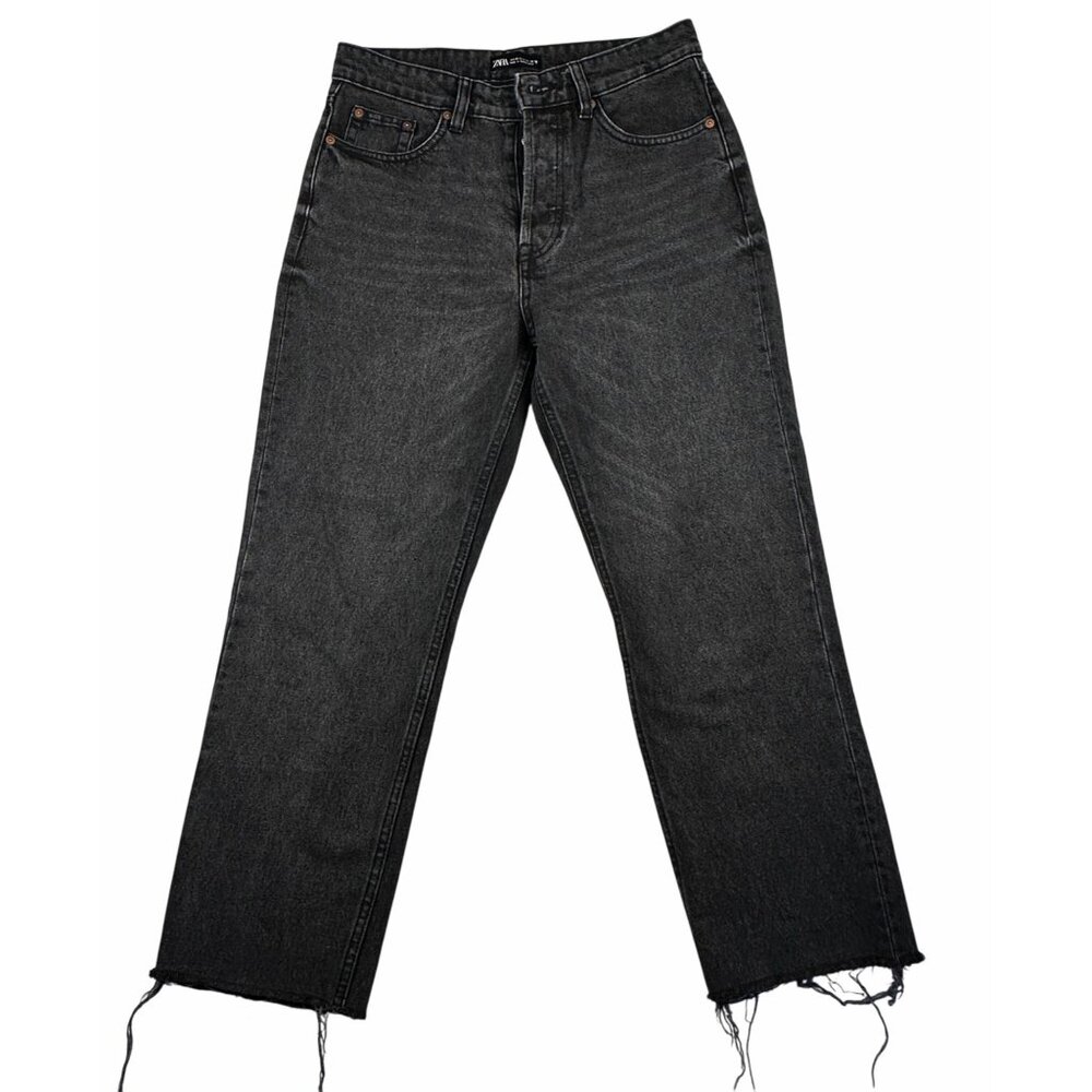Zara Womens Black High-Waisted Straight-Leg Jeans Raw Hem Button Fly Sz 6 Grunge